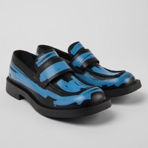 Camper Black and Blue Patent Leather Penny Loafers